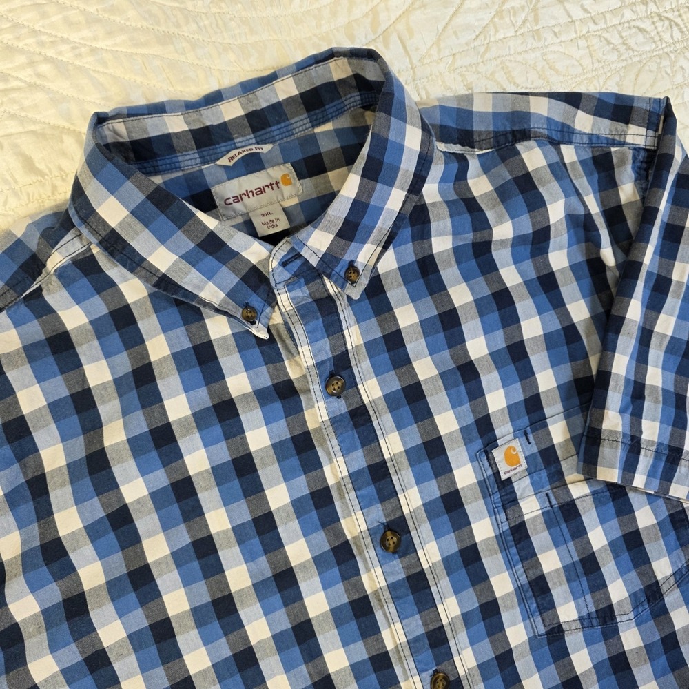 Carhartt Shirt Mens 2XL Blue Cotton Relaxed Fit Plaid Short Sleeve Work Button